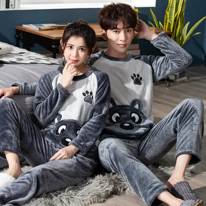 Winter Long Sleeve Thick Warm Flannel Pajama Set