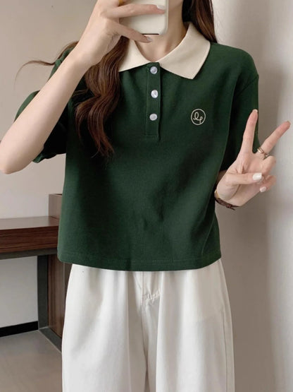 Preppy Summer Knit Tee – Geometric Patchwork Short Sleeve Top for Teens