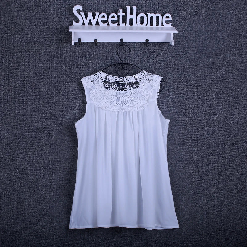 Lace Trim Chiffon Blouse - Women’s V-Neck Loose Casual Summer Shirt