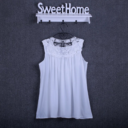 Lace Trim Chiffon Blouse - Women’s V-Neck Loose Casual Summer Shirt