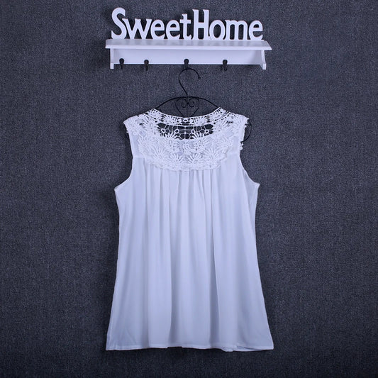 Lace Trim Chiffon Blouse - Women’s V-Neck Loose Casual Summer Shirt