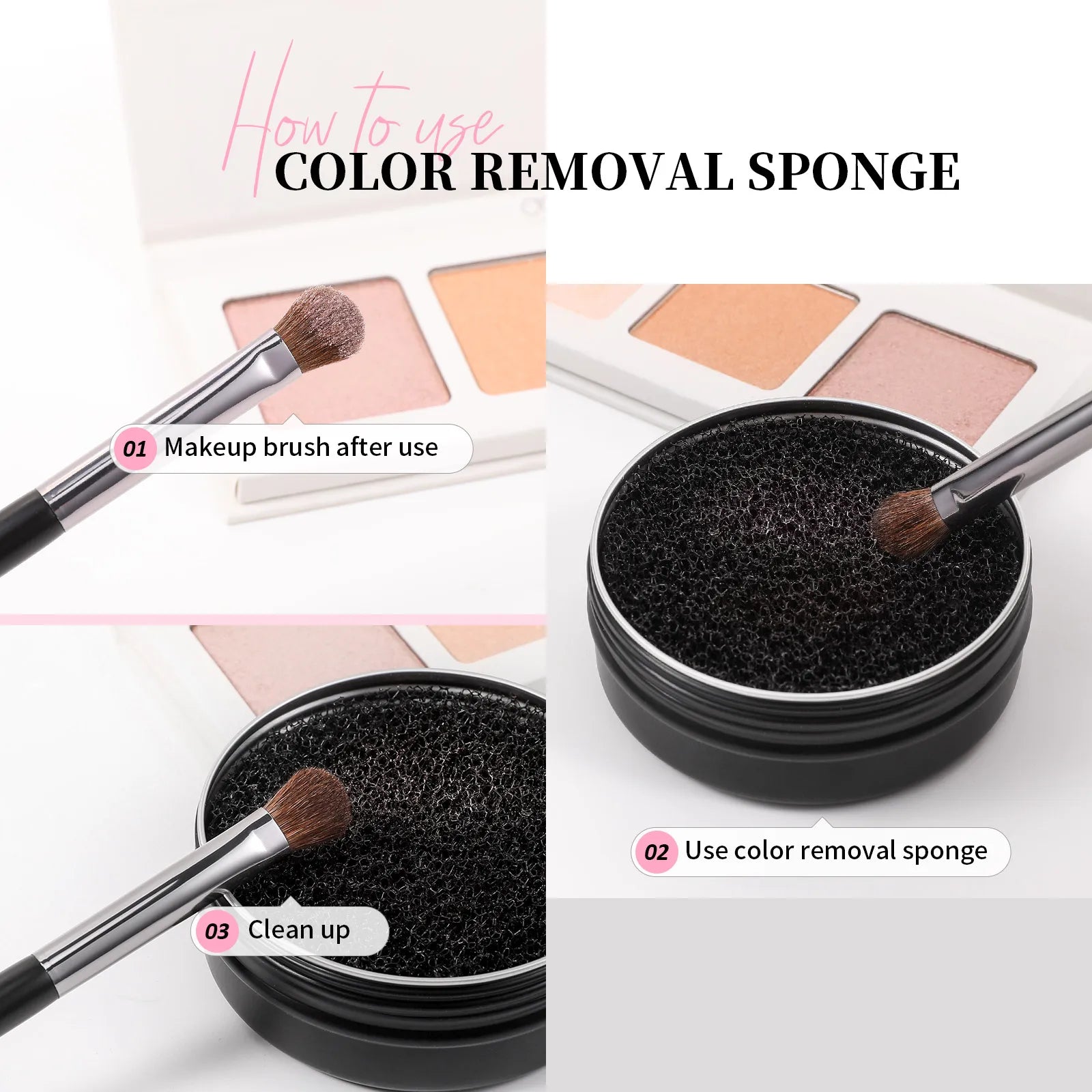 Instructions on how to use a color removal sponge with makeup brushes.