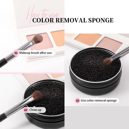 Instructions on how to use a color removal sponge with makeup brushes.