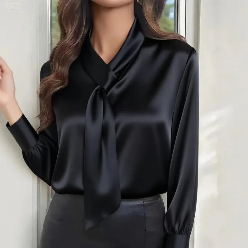 French Muse Elegant V-Neck Blouse – Slim Fit Long Sleeve Commute Shirt