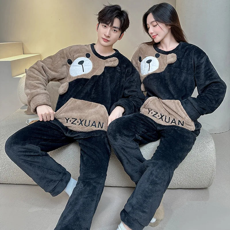 Couple Pajamas Set Winter Flannel Pyjamas Women Home Wear Nightwear 2Pcs Men's Sleepwear Cartoon Panda Pijama Warm Clothes Suit