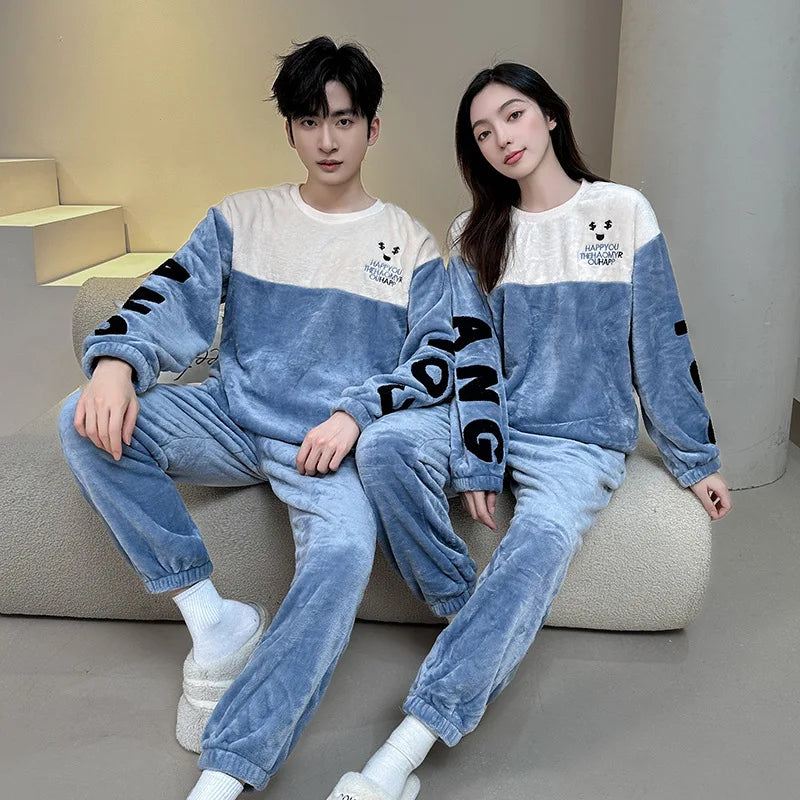 Couple Pajamas Set Winter Flannel Pyjamas Women Home Wear Nightwear 2Pcs Men's Sleepwear Cartoon Panda Pijama Warm Clothes Suit