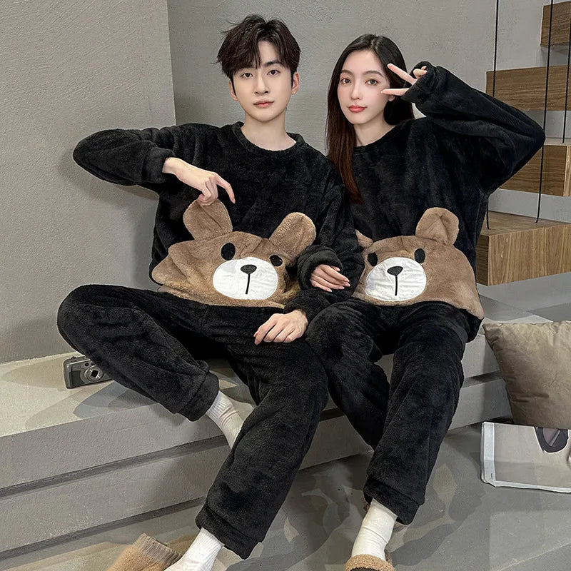 Winter Long Sleeve Thick Warm Flannel Pajama Set for Men Coral Velvet Cartoon Couple Sleepwear Pyjamas Women Homewear Clothes