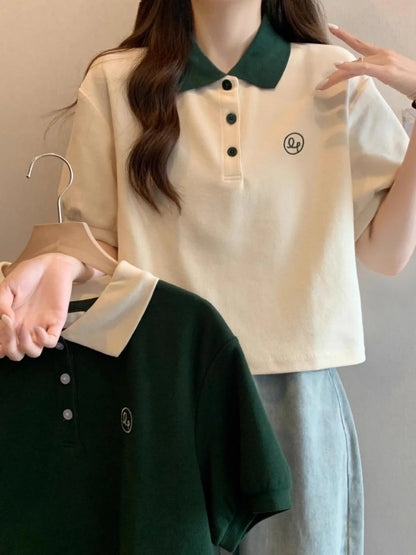 Preppy Summer Knit Tee – Geometric Patchwork Short Sleeve Top for Teens