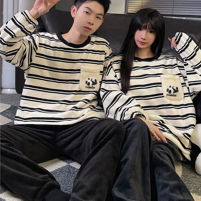 Couple Pajamas Set Winter Flannel Pyjamas Women Home Wear Nightwear 2Pcs Men's Sleepwear Cartoon Panda Pijama Warm Clothes Suit