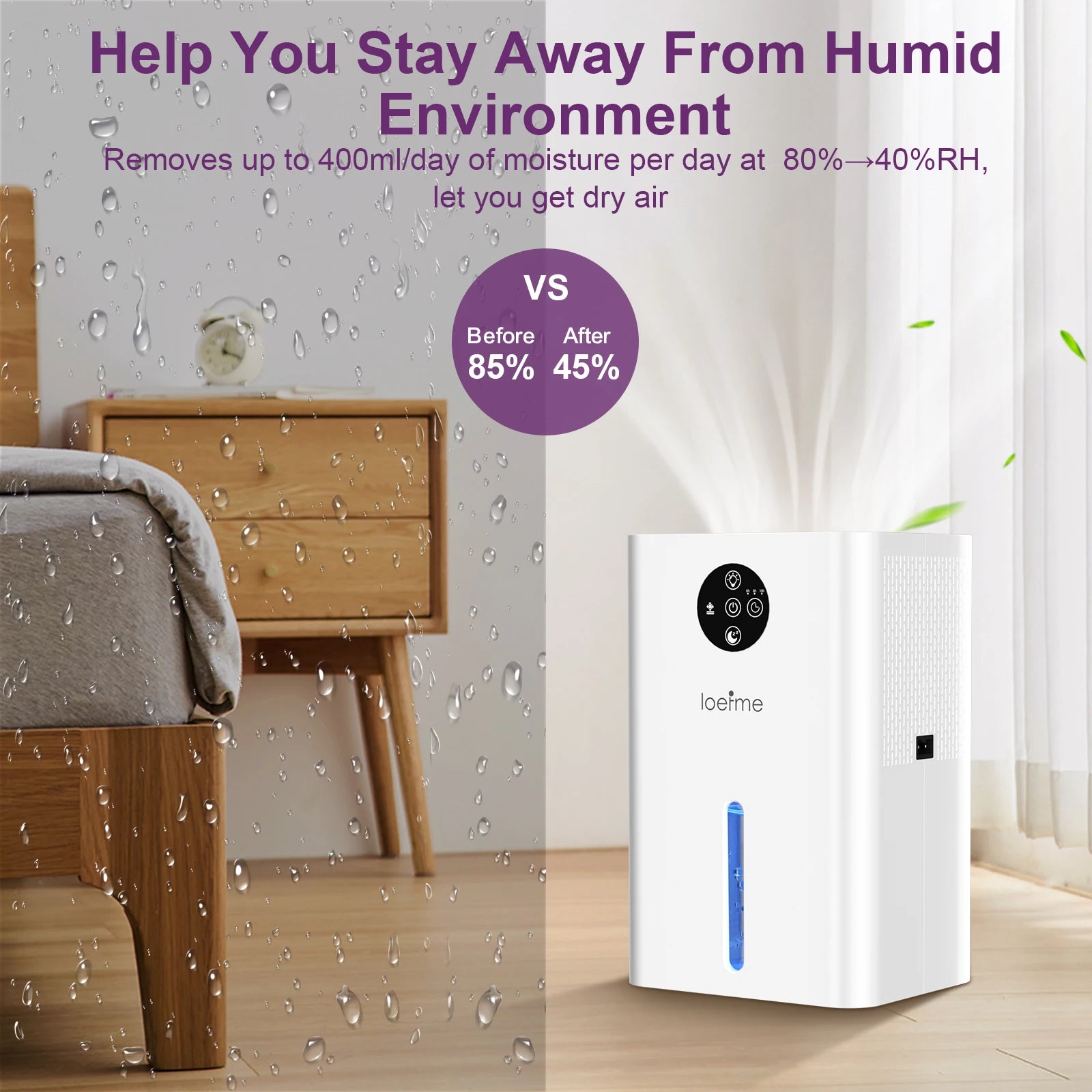 Air purifier in a room with water droplets on furniture, showing humidity reduction.