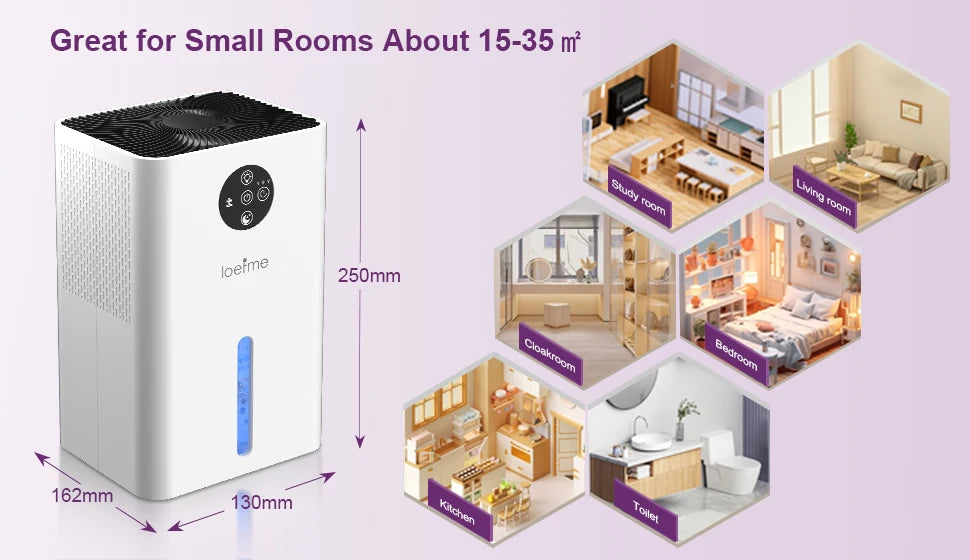 Air purifier with dimensions and suitability for small rooms on a purple background
