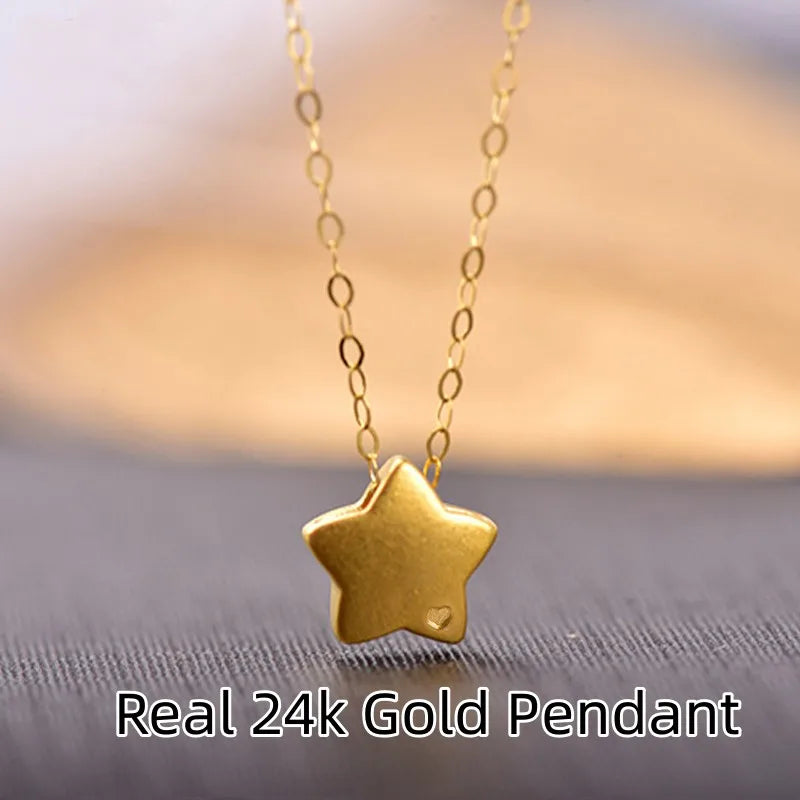 Gold star pendant necklace on a blurred background with 'Real 24k Gold Pendant' text.