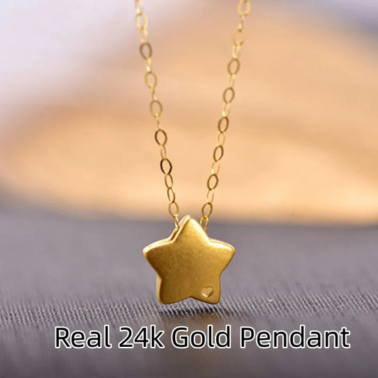 Gold star pendant necklace on a blurred background with 'Real 24k Gold Pendant' text.