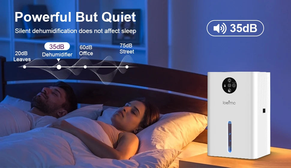 Dehumidifier on a nightstand next to a couple in bed with text about its noise level.