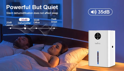 Dehumidifier on a nightstand next to a couple in bed with text about its noise level.