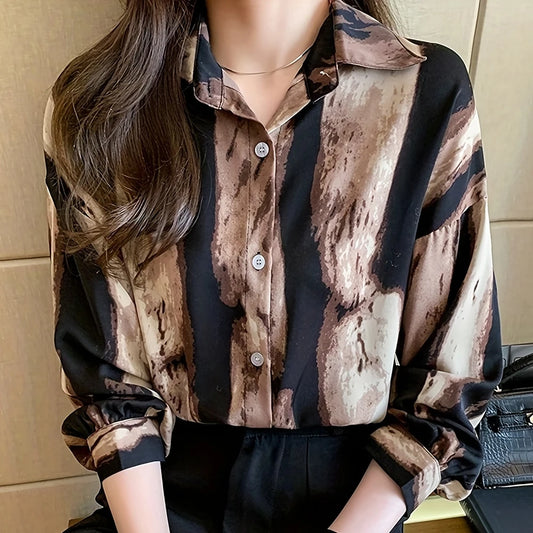 Artisan Vintage Digital Print Shirt – Elegant Long Sleeve Button-Down Blouse (Plus Size Friendly