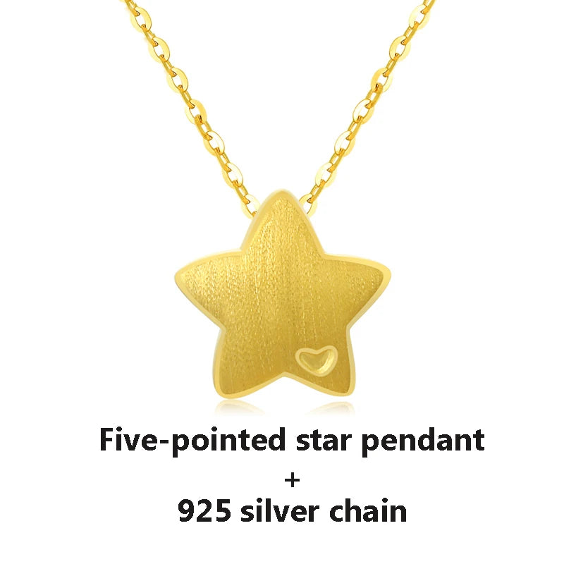 Gold five-pointed star pendant with a heart on a 925 silver chain on a white background.