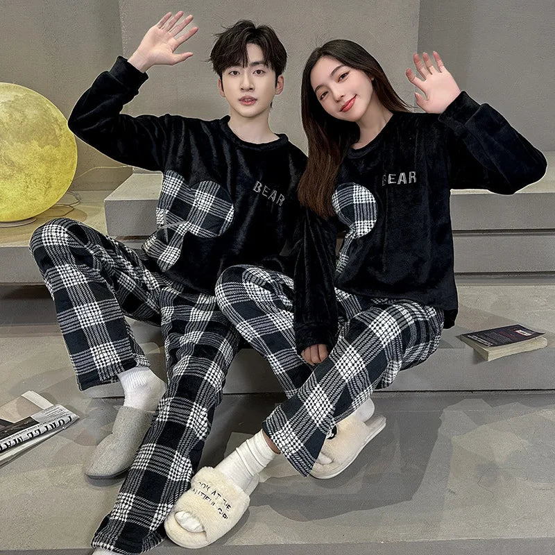 Couple Pajamas Set Winter Flannel Pyjamas Women Home Wear Nightwear 2Pcs Men's Sleepwear Cartoon Panda Pijama Warm Clothes Suit