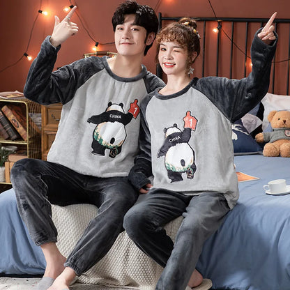 Winter Long Sleeve Thick Warm Flannel Pajama Set