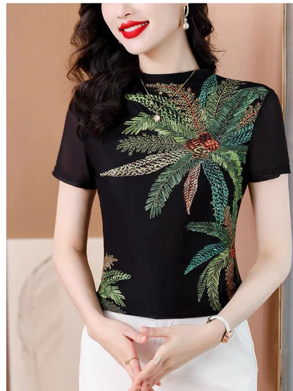 Eclipse Printed Mesh Knit Top – Summer 2026 Trend Half-Collar Base Layer