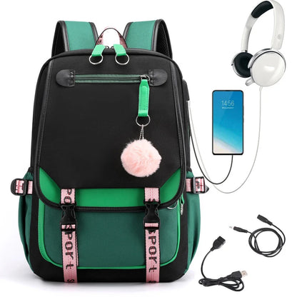 Pink Black Laptop Backpack For Students|USB