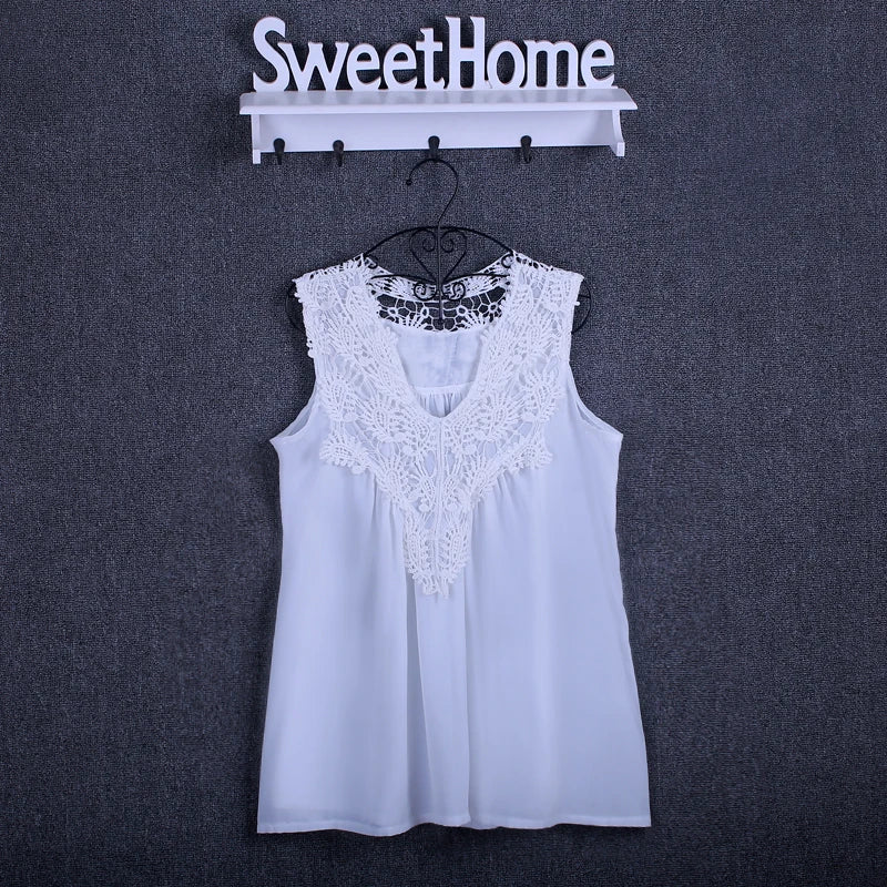 Lace Trim Chiffon Blouse - Women’s V-Neck Loose Casual Summer Shirt