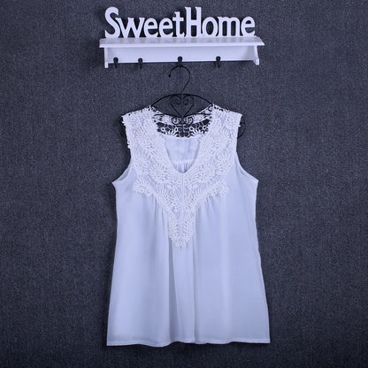Lace Trim Chiffon Blouse - Women’s V-Neck Loose Casual Summer Shirt