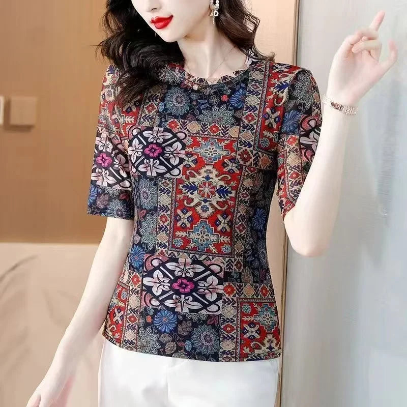 Eclipse Printed Mesh Knit Top – Summer 2026 Trend Half-Collar Base Layer