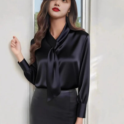 French Muse Elegant V-Neck Blouse – Slim Fit Long Sleeve Commute Shirt