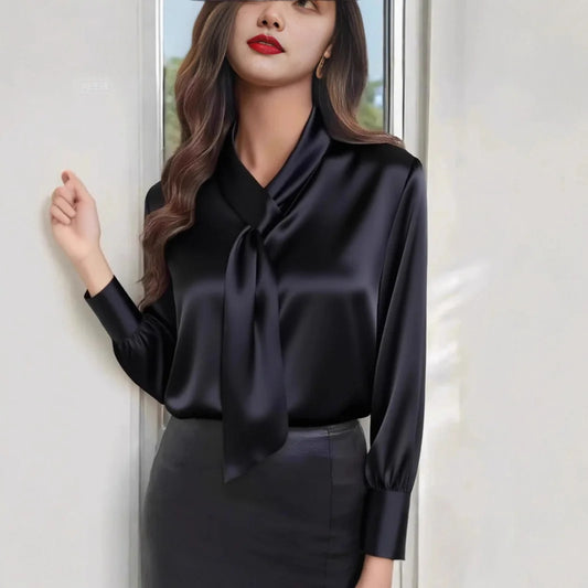 French Muse Elegant V-Neck Blouse – Slim Fit Long Sleeve Commute Shirt