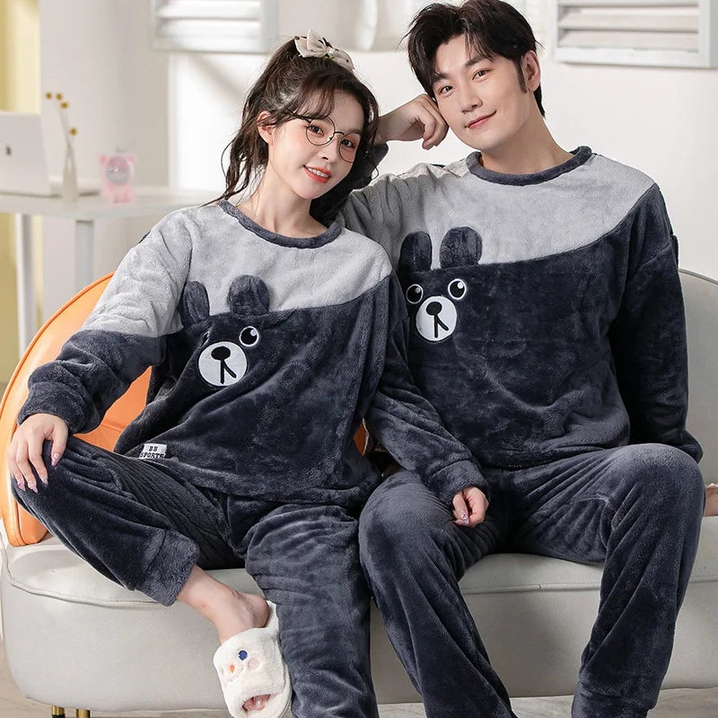 Winter Long Sleeve Thick Warm Flannel Pajama Set for Men Coral Velvet Cartoon Couple Sleepwear Pyjamas Women Homewear Clothes