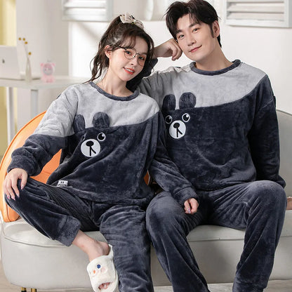 Winter Long Sleeve Thick Warm Flannel Pajama Set