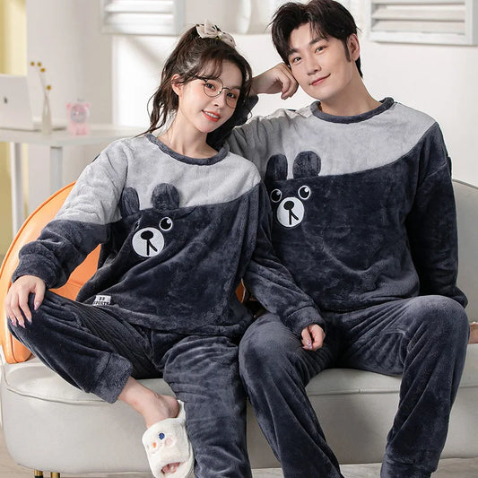Winter Long Sleeve Thick Warm Flannel Pajama Set for Men Coral Velvet Cartoon Couple Sleepwear Pyjamas Women Homewear Clothes
