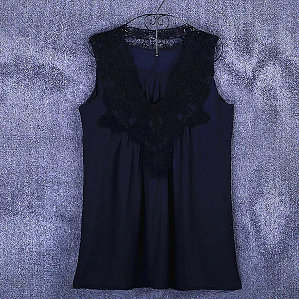 Lace Trim Chiffon Blouse - Women’s V-Neck Loose Casual Summer Shirt