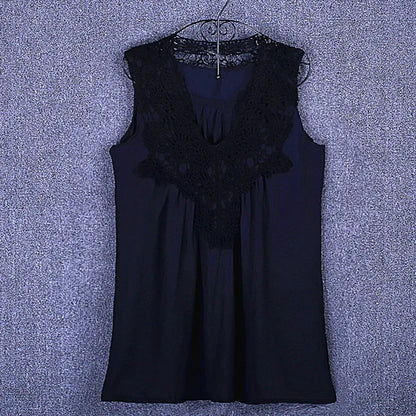 Lace Trim Chiffon Blouse - Women’s V-Neck Loose Casual Summer Shirt
