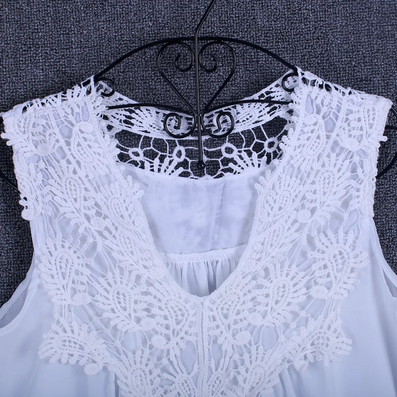 Lace Trim Chiffon Blouse - Women’s V-Neck Loose Casual Summer Shirt