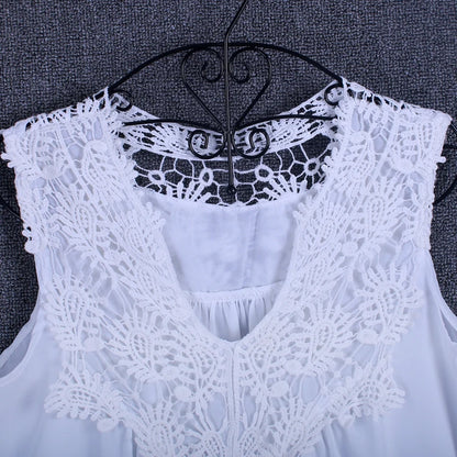 Lace Trim Chiffon Blouse - Women’s V-Neck Loose Casual Summer Shirt
