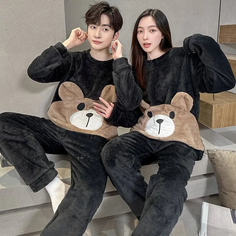 Couple Pajamas Set Winter Flannel Pyjamas Women Home Wear Nightwear 2Pcs Men's Sleepwear Cartoon Panda Pijama Warm Clothes Suit