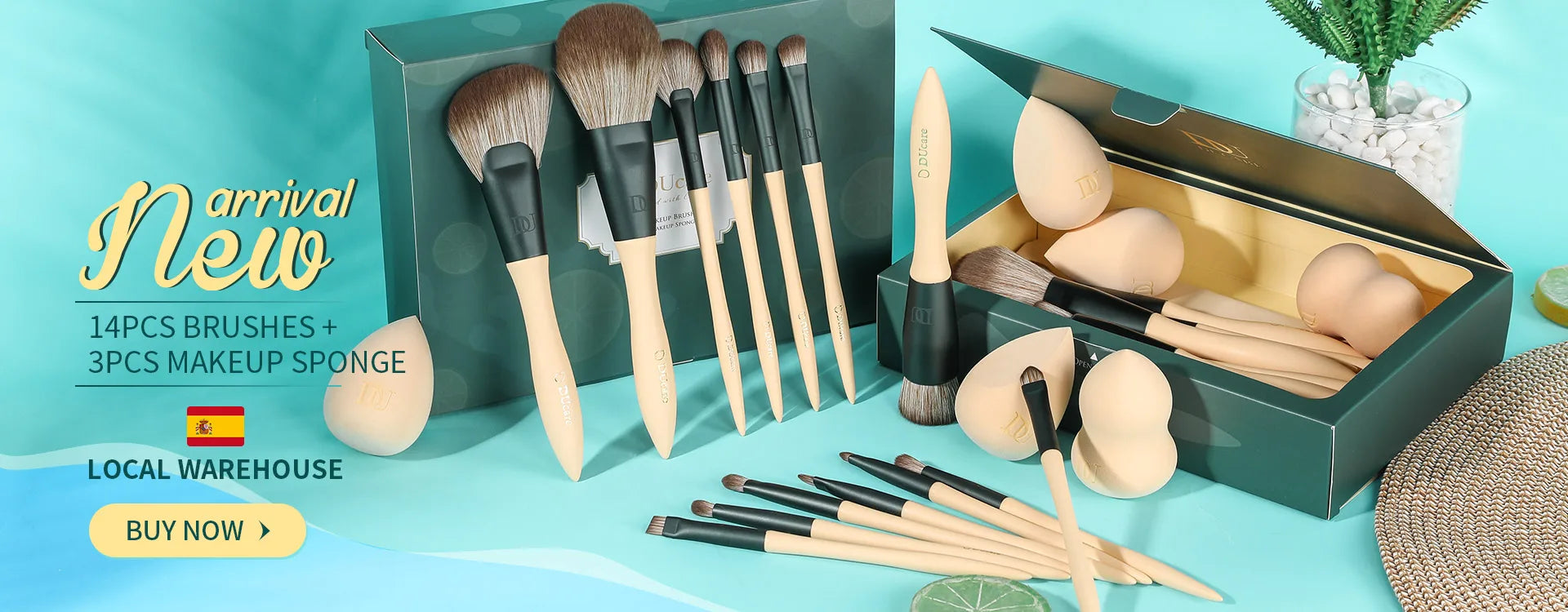 Makeup brushes and sponge set with packaging on a blue background