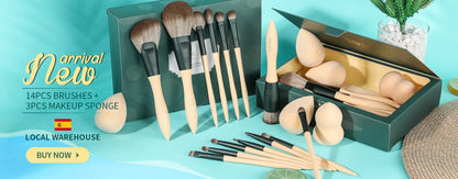 Makeup brushes and sponge set with packaging on a blue background