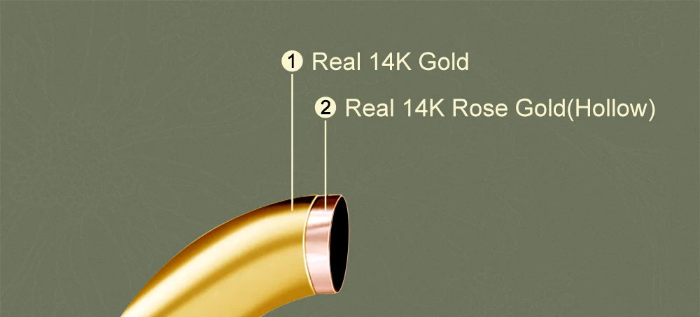 Gold and rose gold jewelry piece with text indicating 'Real 14K Gold' and 'Real 14K Rose Gold (Hollow)'.