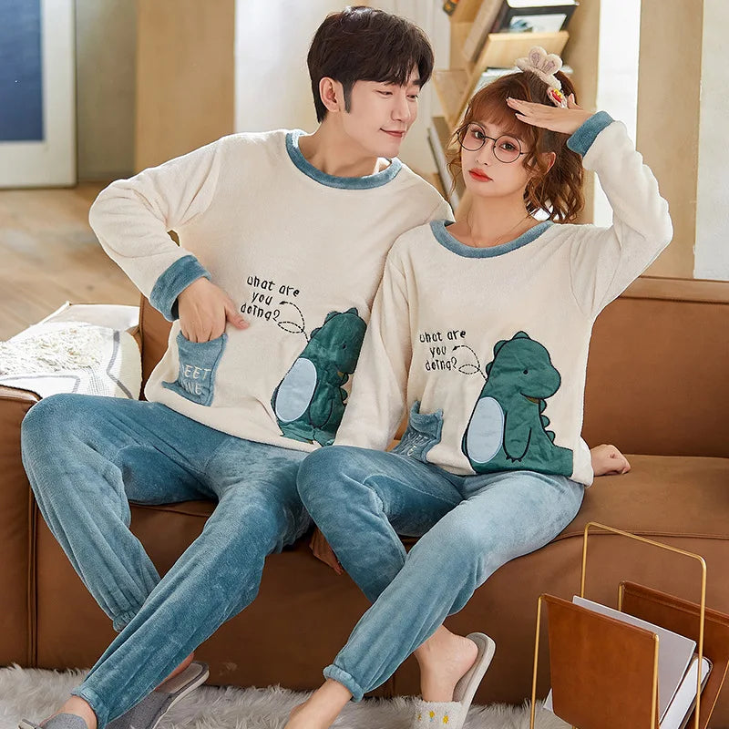 Winter Long Sleeve Thick Warm Flannel Pajama Set for Men Coral Velvet Cartoon Couple Sleepwear Pyjamas Women Homewear Clothes