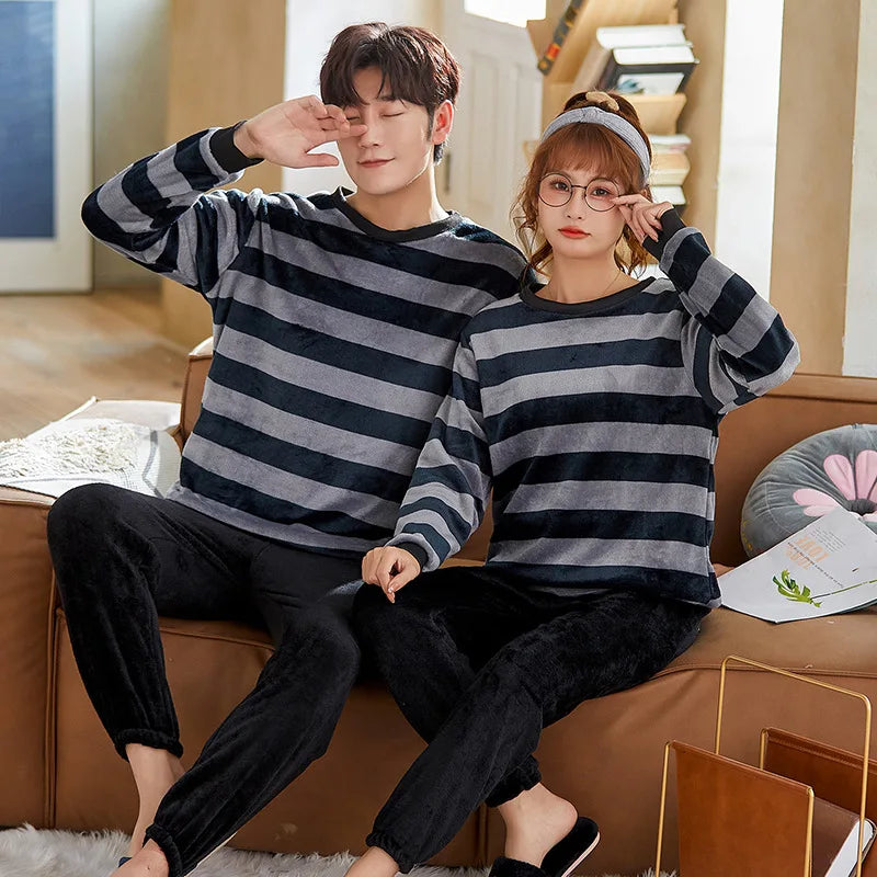 Winter Long Sleeve Thick Warm Flannel Pajama Set for Men Coral Velvet Cartoon Couple Sleepwear Pyjamas Women Homewear Clothes