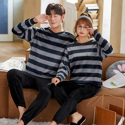 Winter Long Sleeve Thick Warm Flannel Pajama Set