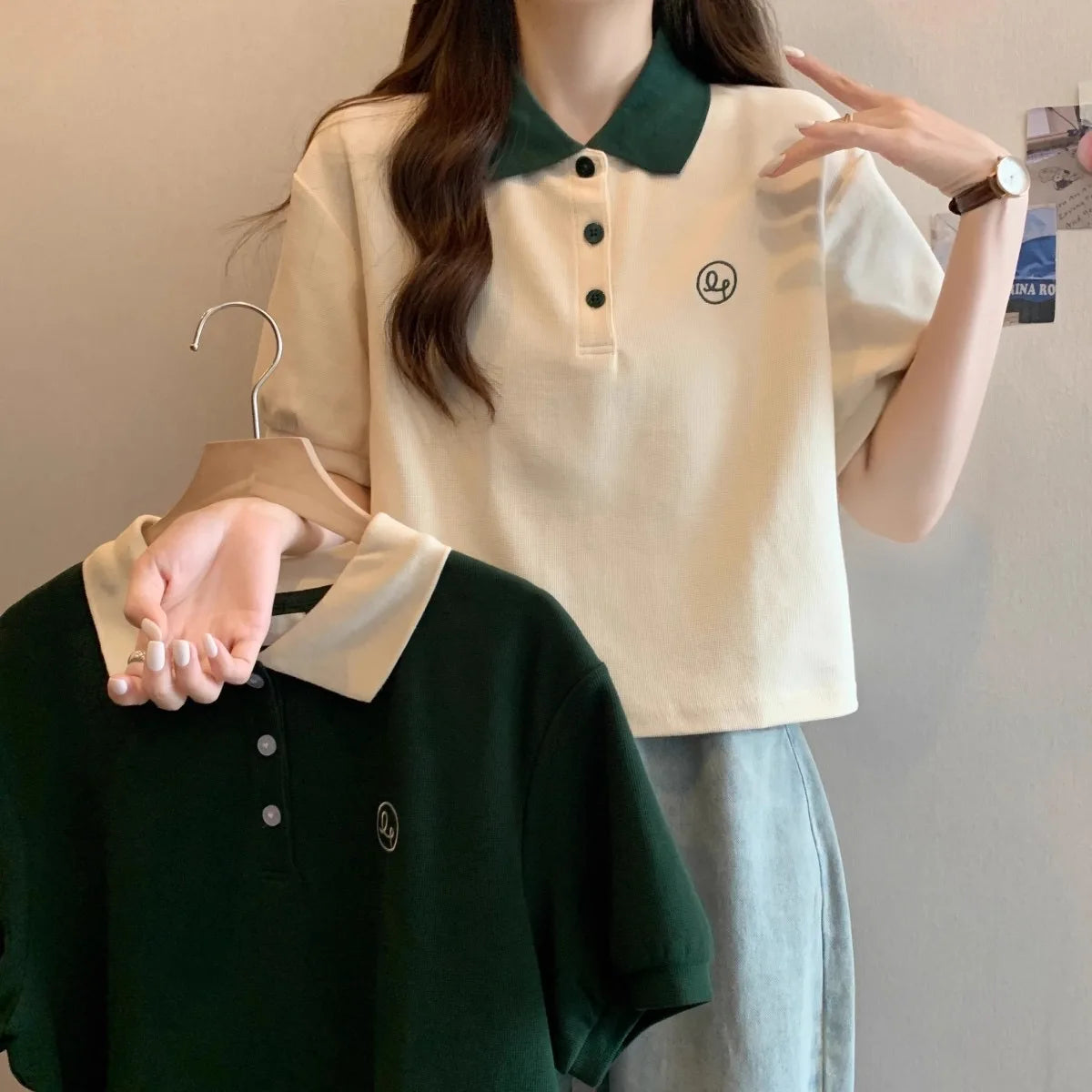 Preppy Summer Knit Tee – Geometric Patchwork Short Sleeve Top for Teens