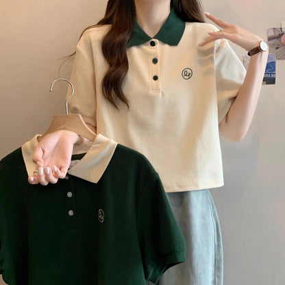 Preppy Summer Knit Tee – Geometric Patchwork Short Sleeve Top for Teens