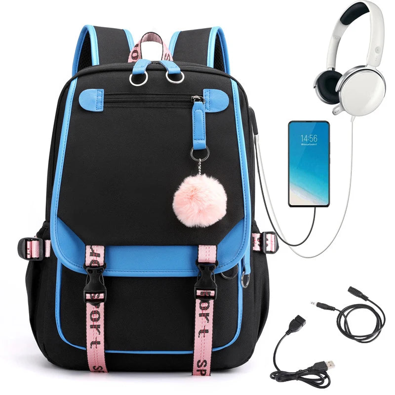 Pink Black Laptop Backpack For Students|USB