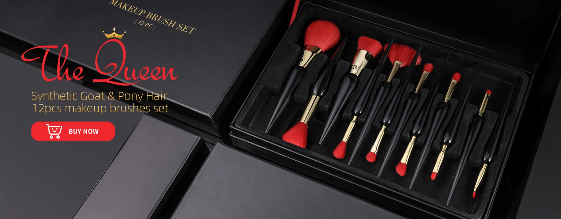 Makeup brush set with red bristles in a black box, featuring 'The Queen' brand.