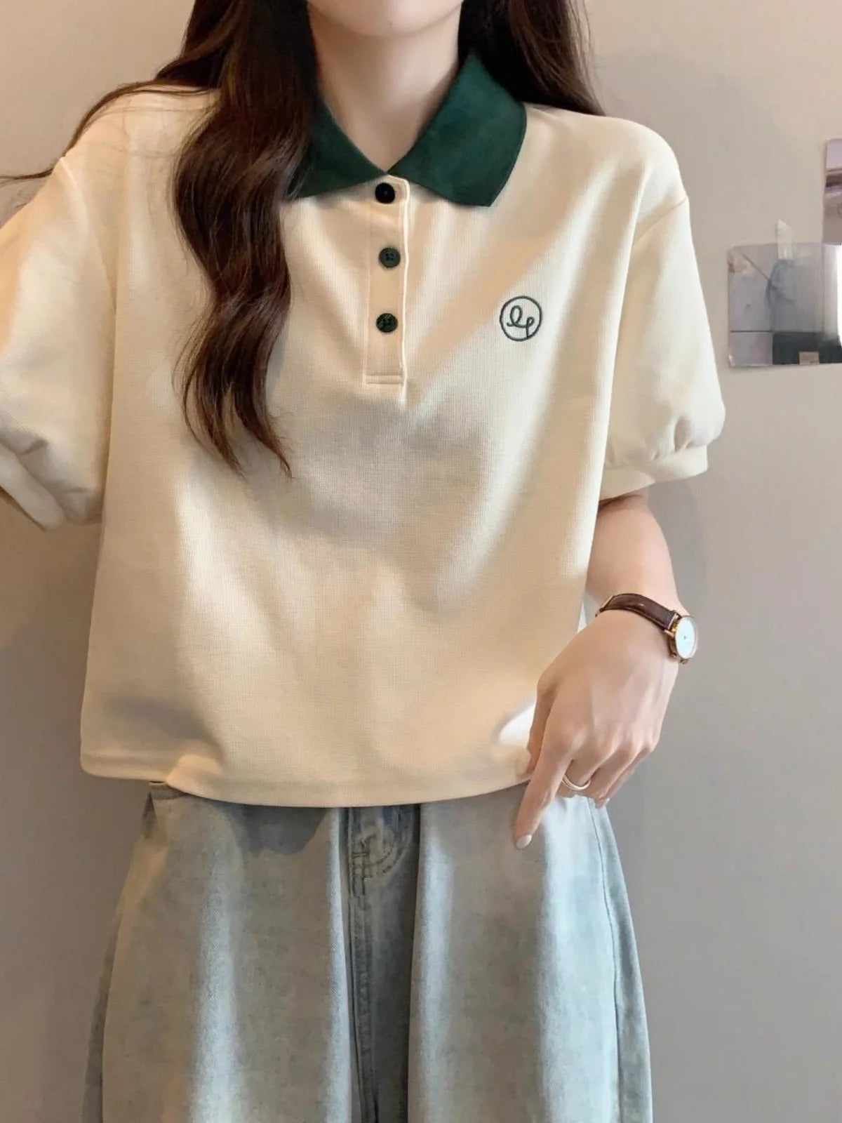 Preppy Summer Knit Tee – Geometric Patchwork Short Sleeve Top for Teens