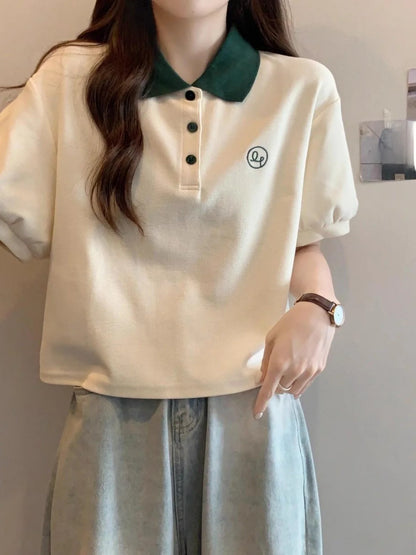Preppy Summer Knit Tee – Geometric Patchwork Short Sleeve Top for Teens